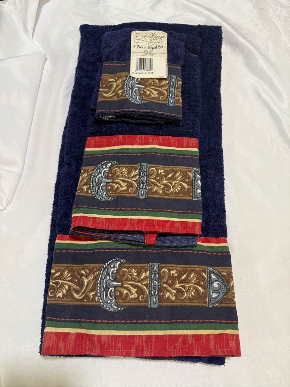 Briggs New York Navy Towel Set with Brown, Red and Green Stripe Accents